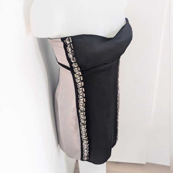 STELLA & JAMIE Color-Block Silk Strapless Mini Dress, Metallic Beading; Size M - Picture 3 of 15